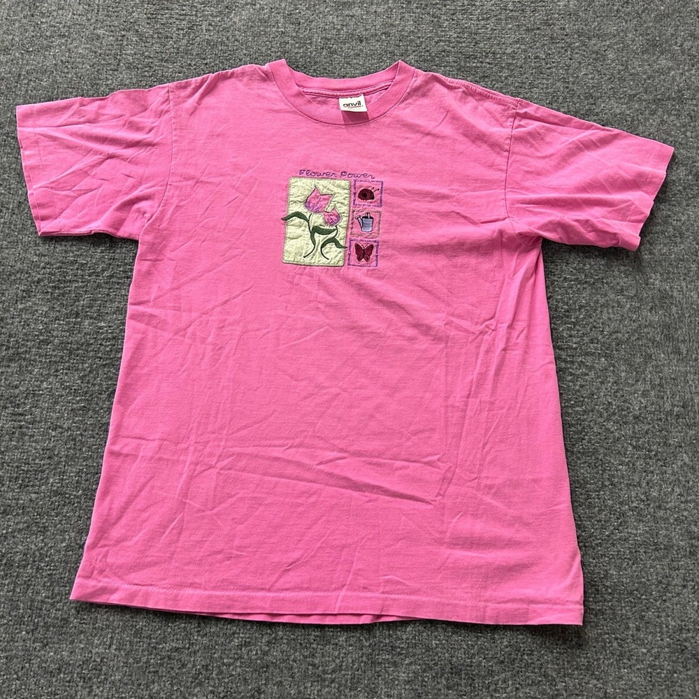 Anvil T-Shirt Womens Size L Pink Flower Power Embroidered Cotton USA Vintage